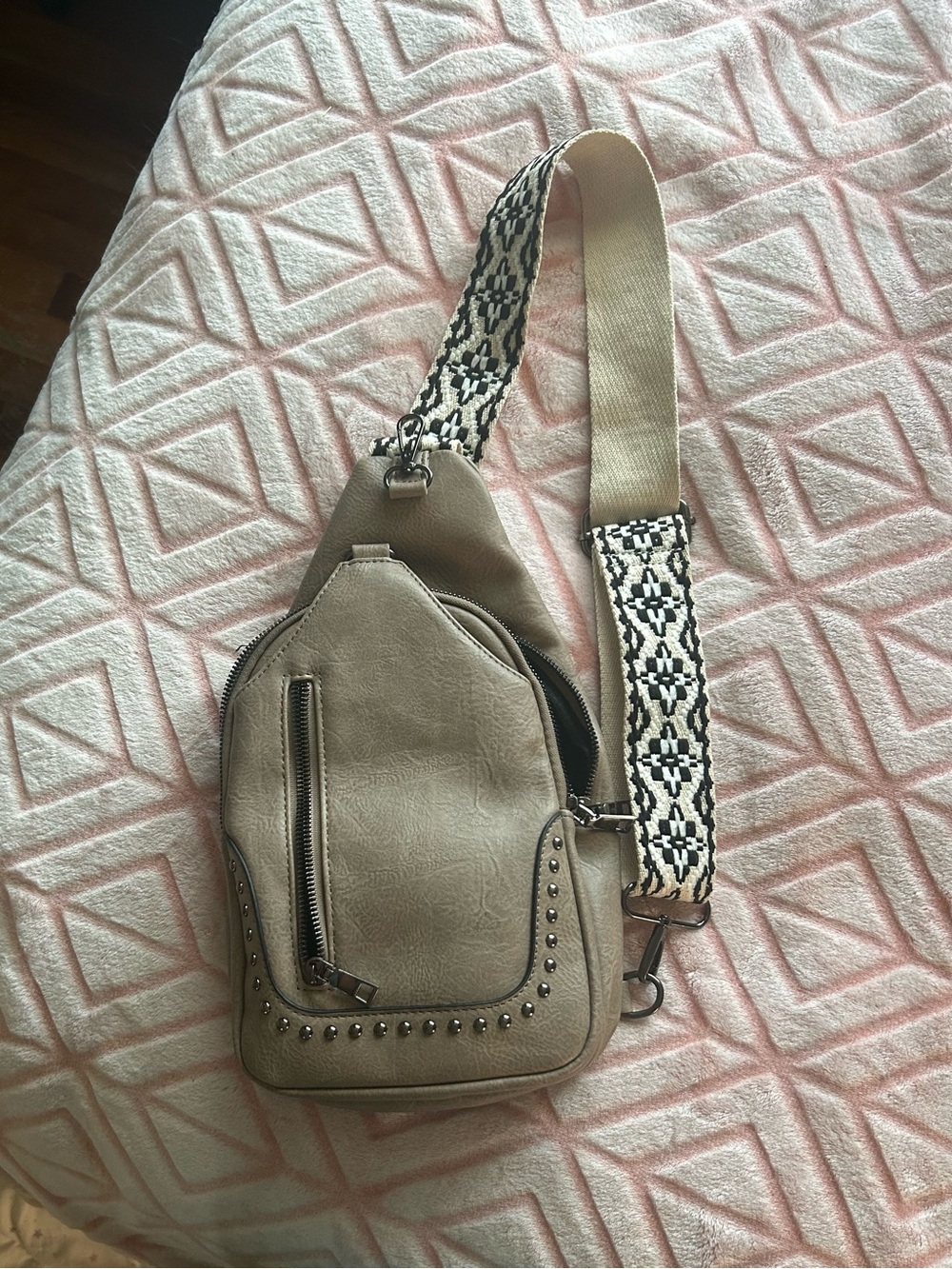 Taupe Studded Crossbody Sling Bag with Patterned Strap